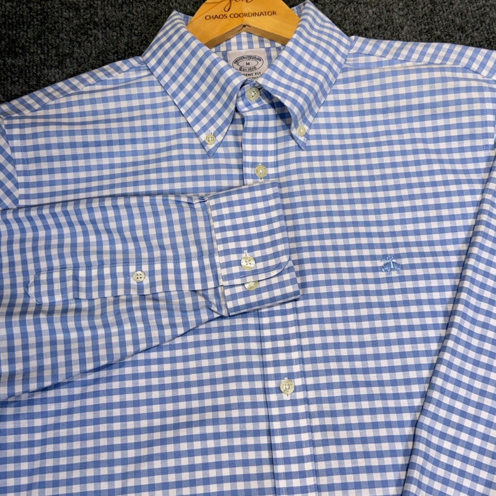 Brooks Brothers Regent Fit OCBD Shirt Mens Medium Blue Gingham Non-Iron Oxford